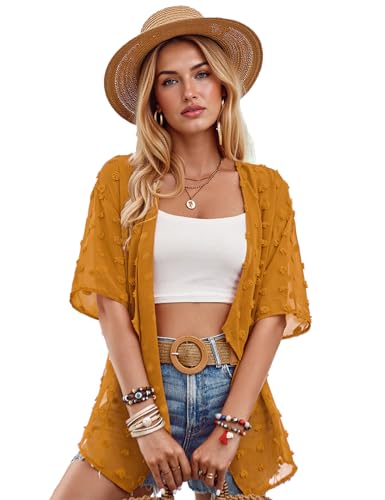 Image of Womens Summer Open Front Half Sleeve Lightweight Swiss Dots Cardigan Loose Kimono Sheer Beach Cover Up, Ginger Yellow-L, Large