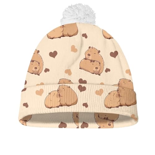 Kids Winter Beanie Hat with White Pompom, Fall Winter Casual Knit Warm Soft Cuffed Beanies for Boys Girls