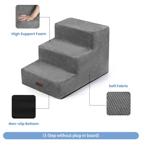 Image of Aodisman Dog Stairs for Small Dogs,Wider 3-Step Pet Steps for Couch & Bed | High-Density Foam Dog Steps with Anti-Slip Bottom,Easy for Puppies,Older Cats & Dogs to Reach Sofas & Chairs,Grey,15.7 inch H