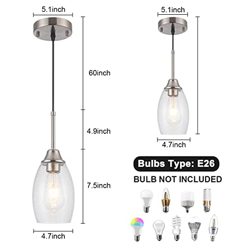 Daginbbit Mini Pendant Light Fixtures, Hand-Blown Art Glass Pendant Lighting Shade With Silver Seeded, Adjustable Cord Hanging Light Pendants For Kitchen Island, Hallway, Brushed Nickel 4.7" #TOP6