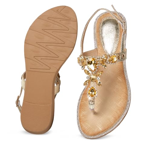 Image of iCKER Women Rhinestone Sandals T-Strap Buckle Bohemian Pearl Crystal Flat Sandals