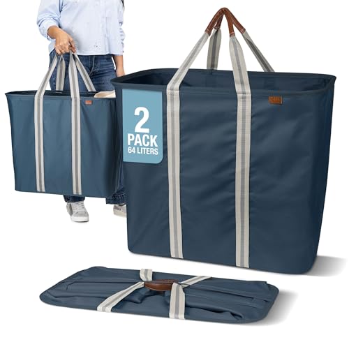 Image of CleverMade Collapsible Laundry Caddy - Foldable Laundry Hamper & Tote, XXL 64L Pop-Up Laundry Basket with Handles, Space-Saving Laundry Organizer for Home & Travel, 2 Pack - LUXE Navy Noir