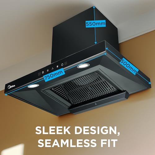 Image of Midea 75 cm 1400 m3 /hr Filter-less, Autoclean, Motion Sensor, T Shape kitchen Chimney with 2 Yrs Product and 10 Yrs Motor Warranty, Free Installation Kit (Falcon Auto Clean), Black