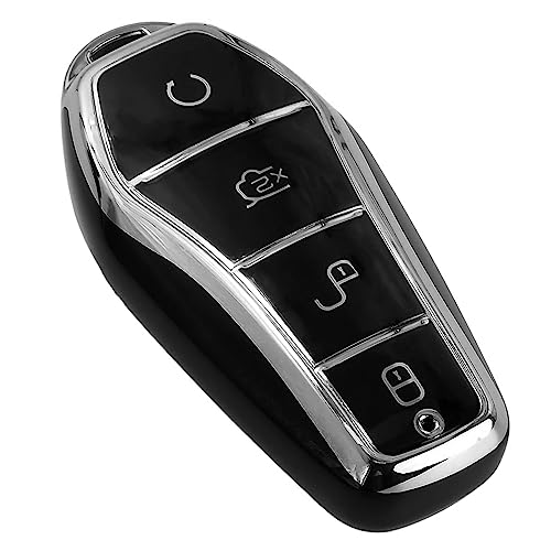 Image of KMH TPU Car Smart Key Cover Compatible for BYD Atto-3 4 Push Button Smart Key Shell Case Holder, Key Protector (Black Silver & White) Pack of 2