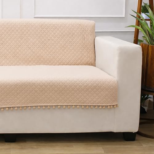 Image of STITCHNEST 'Maison Plush Series' Quilted Velvet Sofa Cover 1 Seater Fully Covered | Premium Soft Fabric, Washable & Fade Resistant | Beige Sofa Protector with Pompom | Size 24x60 Inch