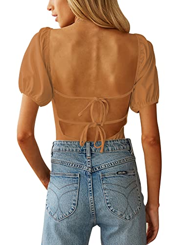 Image of oten Women's Sexy Backless Puff Sleeve Square Neck Tie Back Bodysuit Tops