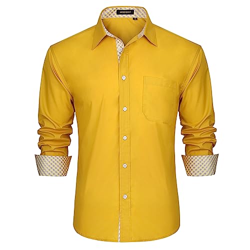 HISDERN Dress Shirts for Men Yellow Long Sleeve Button Down Casual Mens Shirts Plaid Inner Contrast Formal Business Tuxedo Wedding Shirt XL