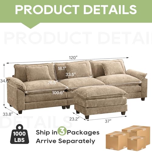 Image of Oprisen 120 inch Modular Sectional Sofa, Comfy Cloud Couch Sectional Sofa with Ottoman, Chenille Sofa Sleeper Deep Seat Sofa with Throw Pillows for Living Room (Khaki, 120 inch- L Shape)