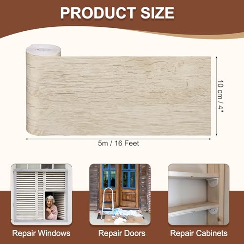 Image of MECCANIXITY Wood Grain Repair Tape, 4 Inch x 16 Feet Self Adhesive Wood Grain Tape Multi-Purpose Wallpaper Border Trim for Furniture Floors Windows Doors Tables Home, Cream