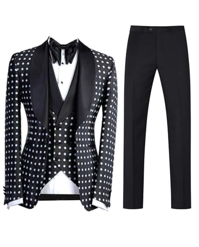 Kromoc Men's 3-Piece Polka Dots Suit One Button Shawl Lapel Jacket Vest Pants Business Casual Daily