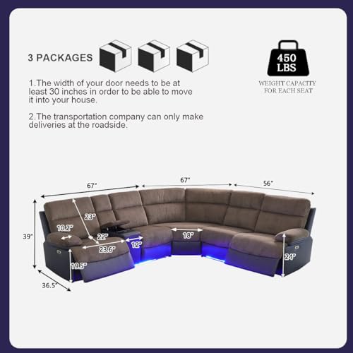 Image of Power Corduroy Recliner Sectional Sofa with LED Lights for Living Room, L Shaped Reclining Sectional Sofa, Modular Corduroy Couch with Coffee Table /Hidden Storage for Home Theater Seating