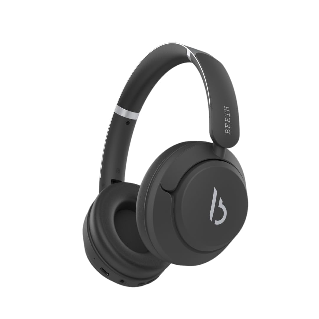 BERTH VE 250 Bluetooth Headphones, 36H Playtime, ENC Noise Cancellation, 40mm Drivers, Deep Bass, True Wireless Over-Ear Headset with Mic, Type-C Fast Charging, Black