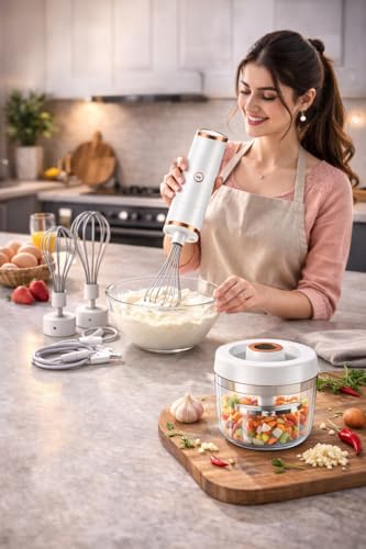 Image of Vasukie 2-in-1 Wireless Electric Hand Mixer & Vegetable Chopper, Egg Beater with Whisk Attachment, Portable Mini Food Processor for Cream, Egg, Garlic & Vegetable Chopping
