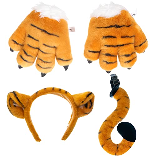Costume Tigre avec queue serre-tête oreilles moufles pattes peluche pour fête et mascarade