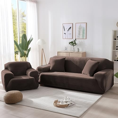 NAKIHOUSE Dicke Samt Sofa Überwürfe Sofabezug mit einem Kissenbezug, Superweicher Elastische Sofa Abdeckung in Kaffee Farbe für 1/2/3/4 Sitzer（L-förmiges Ecksofa erfordert Zwei）