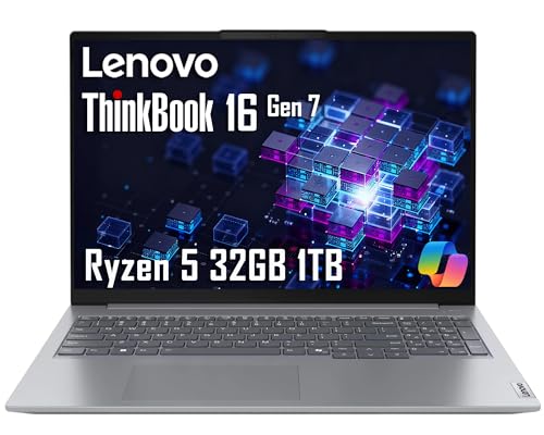 Lenovo ThinkBook 16 Gen 7 Business Laptop (16' FHD+ Anti-Glare, AMD Ryzen 5 7533HS ( i7-1255U), 32GB DDR5 RAM, 1TB SSD), Fingerprint Reader, Webcam, Ethernet, Wi-Fi 6, Win 11 Pro w/ Copilot, Grey