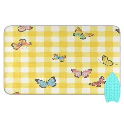 Bulletgxll Yellow Gingham Butterflies Ironing Mat Portable Travel Ironing Pad Heat Resistant Ironing Blanket for Washer, Dryer, Table Top, Countertop, Ironing Board (27.6 x 47.2 Inches)