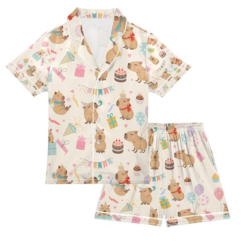 senya Birthday Cute Capybara Balloon Satin Summer Pajama Sets Silk Short Sleeve Button Down Sleepwear