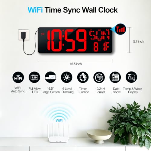 WiFi Sync Digital Wall Clock, 17.2" Large Red LED Display Date Week Temperature, Auto DST, Count-Up & Down Timer, APP & Remote Control Bedside Alarm Clock for Office Gym Elderly, Auto-Dimming - Image 3