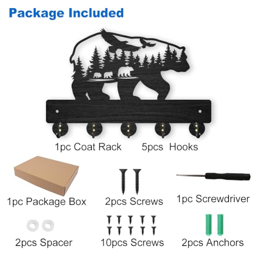 MAYJOYDIY Bear Forest Bird Decorative Wall Mount Key Holder 30×20cm Black Wooden Bear Forest Design Wildlife Animal Key Hanger Rack with 5 Alloy Hooks for Kitchen Bedroom Entryway Gifts - Image 3