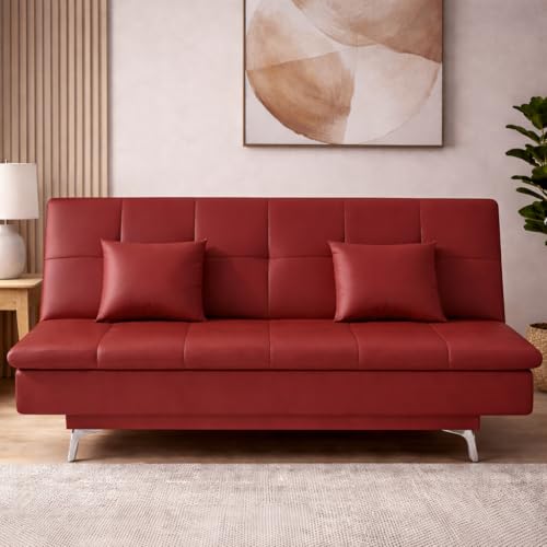 Image of Casaliving Danny 3 Seater Sofa Cum Bed Leatherette Fabric (Maroon) with Two Cushions Perfect for |Home Living |Office Room and Guest Room Premium Sofa