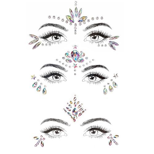 3 peças pedras preciosas faciais, autocolantes rosto, rosto de gemas, autocolantes faciais autocolantes, jóias de imitação de diamantes para maquilhagem de festival, concertos, Halloween e festas