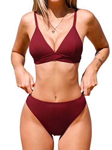 CUPSHE Damen Bikini Set Triangel V Ausschnitt High Waist Gerippte Textur...