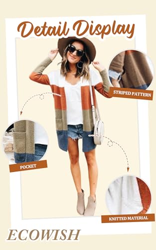 Image of ECOWISH Women Cardigan Sweaters Long Kimono Striped Long Sleeve Open Front Color Block Cozy Knitted Coat Outwear Winter Fall