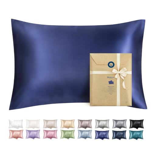Image of Bedsure Satin Pillowcase with Zipper,King Pillow Cases Set of 2 | Similar to Silk Pillow Cases 2 Pack, Silky & Soft Pillow Cover for Hair and Skin, Gifts for Women Men, Navy, 20x36 Inches