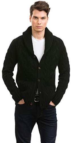 Citizen Cashmere Men's Vintage Buttons Shawl Collar Cardigan - 100% Tibetan Yak Wool Long Sleeve Pockets Cables Knit Jacket Black Medium 42 123Y-02-02