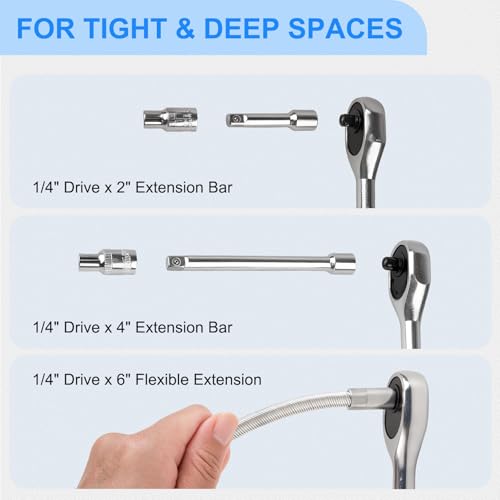 nkpyln 46PCS 1/4 Inches Ratchet Socket Wrench Set, Metric Socket Ratchet Wrenches Set, Ratcheting Wrench Tool Sets for Men, Premium Small Car Tool Kit for Automotive, Household Maintenance and Repairs