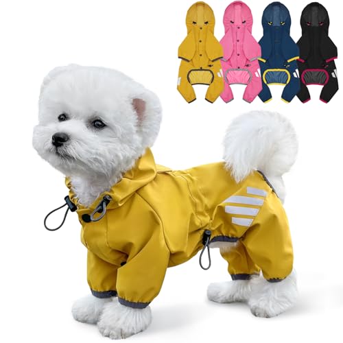 Dog Raincoat, Waterproof Dog Rain Jacket with Hood, Rain Coat with Leash Hole, Reflective Strap for Small Medium Dogs, Lightweight Puppy Clothes(Yellow,S)