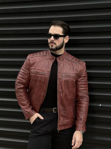 Image of TLC Mens Leather Jacket | Sheepskin Quilted Shoulders Bold Biker Cafe Racer Style Leather Jacket Men