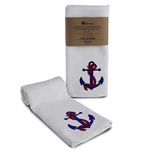 Ebsem Marine Style Hand Towel Set Premium Quality Turkish Towels Super Soft, Plush and Highly Absorbent Spa Hammam Yoga Gym Yacht Boat Nautical Design (White, Anchor & Rope)