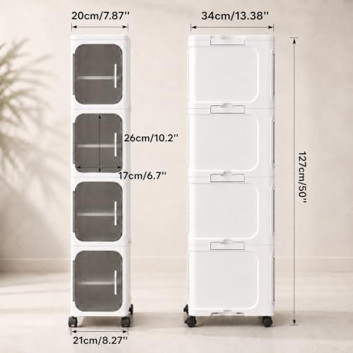 Image of KRISHYAM 4 Door Slim Plastic Storage Cabinet with Wheels, Narrow Multipurpose Organizer with Transparent Doors, Removable Shelves & Magnetic Closure for Bathroom, Kitchen, Laundry, White