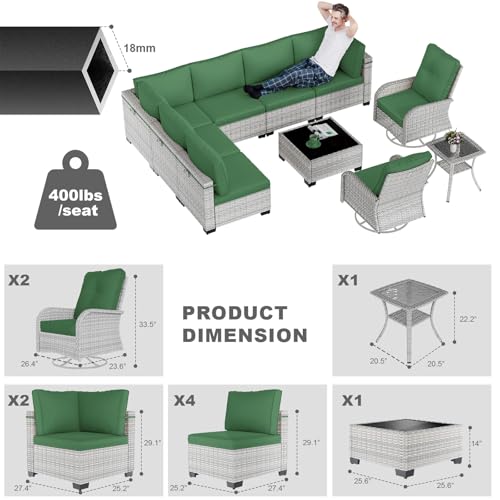 Image of Outdoor PE Wicker Rattan Modular Patio Sectional Sofa Set | 10-Piece: 6 Modular Seats, Coffee Table, 2 Swivel Rocking Chairs & Side Table, Dark Green