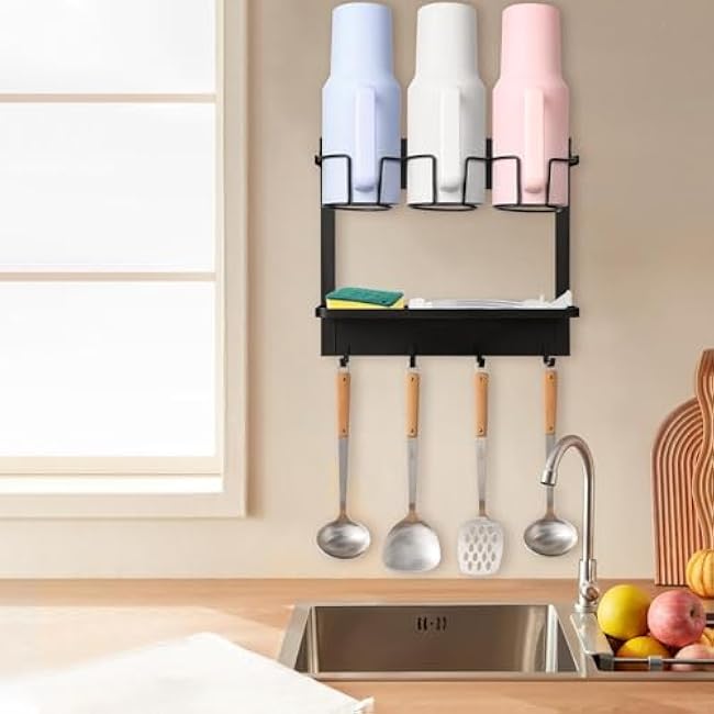 Water Bottle Origanizer for Stanley Cup 30/40 oz Tumbler with Handle, Self-Adhesive Cup Holder with 4 Hooks for Fridge/Wall/Door, Bottle Drying Rack with Lid Straw Organizer