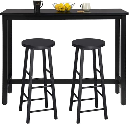 WOLTU Mesa Alta de Barra Cocina, Mesa Bar con 2 Taburetes de Bar, Juego de Comedor para Bar, Comedor, Isla Cocina, Taburetes Redondos, Estructura de Metal, Diseño Industrial, Negro