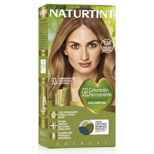 NATURTINT Biobased, Coloración Permanente Sin Amoniaco, 100% Cobertura de Canas, Tinte para el Cabello con Ingredientes Naturales, Color Intenso, Natural y Duradero, 7.34 Avellana Luminoso, 170ml