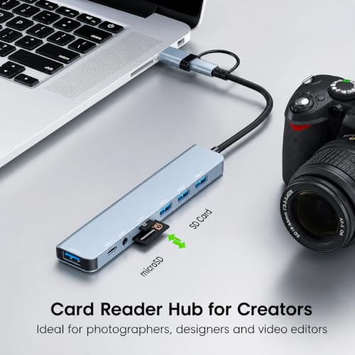 Image of Mport 8 Plus Dual Plug 8-in-1 USB Hub Docking Station with USB 3.0, AUX, SD Card Reader, Type-C Data, USB 2.0, Type-C & USB for Laptop, Mac, PC (Grey)