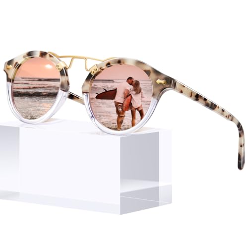 Image of CARFIA Small Face Acetate Polarized Sunglasses for Women UV Protection, Retro Double Bridge Eyewears Metal Brow Round Sunnies