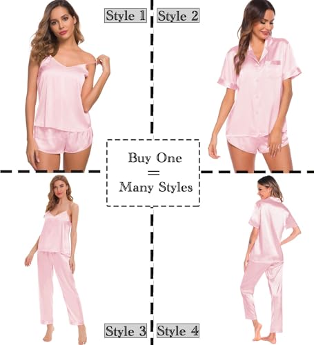 Image of SWOMOG Womens Silk Satin Pajamas Sets 4pcs Sleepwear Sexy Cami Shorts Set and Button Down Short Sleeve Pjs Loungewear