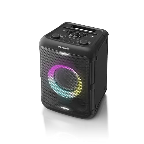 Panasonic SC-BMAX5E-K Tragbarer Party-Lautsprecher mit Bluetooth, integrierter Beleuchtung, 75 W, USB, optischem Eingang für TV, Gitarren- und Mikrofoneingängen für Karaoke, Schwarz