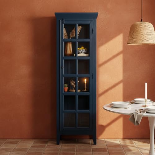 Image of APRODZ Mango Wood Crockery Cabinet with Glass Door | Wooden Kitchen Storage Cabinet for Dining Room Living Room & Bedroom | Tall Storage Cabinet with Shelves | Display Cabinet for Home, Navy Blue