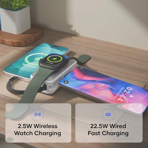 Image of alain Pocket Charge Pro 5000mAh Mini Power Bank | 22.5W Type-C & Lightning Fast Charging Output | 2.5W Wireless Charging | LED Indicators, Multi-Layer Protections, Android & iPhone Support (Grey)