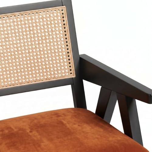 Image of Kingsman Furnitures ABEL Rattan Teak Wood Accent Arm Chair for Home Bedroom, Living, Drawing Room | Ultra Soft Comfortable for Stress Free | Removable Cushion (Black Natural Cane Burnt Orange Velvet)