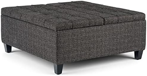 SIMPLIHOME Harrison 36 inch Wide Square Coffee Table Lift Top Storage Ottoman, Cocktail Footrest Stool in Upholstered Ebony Tufted Tweed Fabric for the Living Room, Traditional