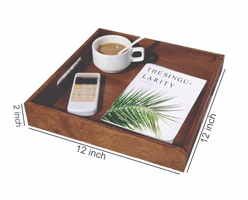 Image of Hamdan Large Serving Tray, Tray with Cutout Handles, Rectangle Butler Tray for Breakfast in Bed, Coffee Table Decor, Party (Walnut Square)