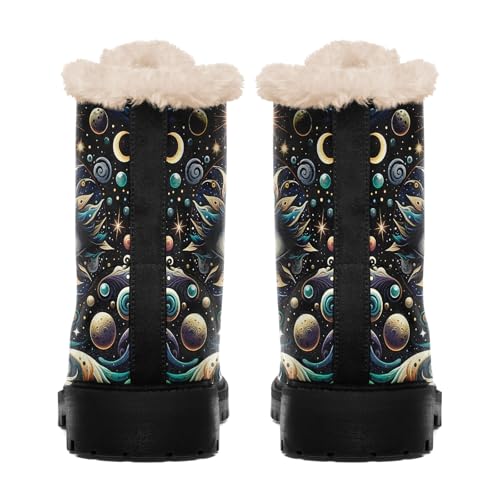 Bohemian Artistic Winter Boots for Women with Sun Moon Bee Mandala Patterns,Lace-up Cozy Snow Boots with Faux Fur Lining4