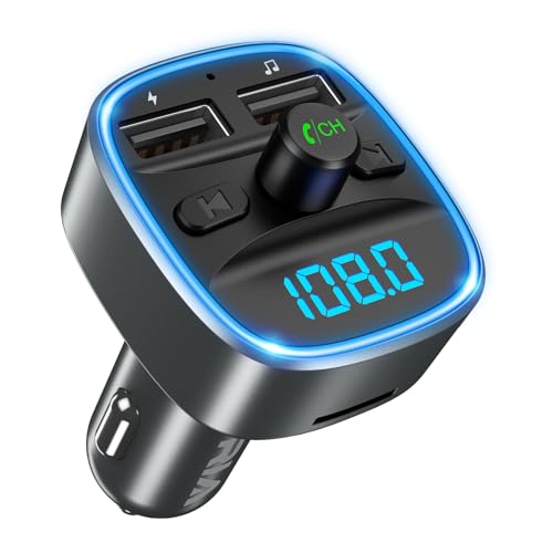 Trasmettitore FM Bluetooth 5.3 per Auto Kit Adattatore Radio Wireless per Auto Doppia Ricarica USB Chiamate in Vivavoce Lettore Musicale Supporta Scheda TF e Disco USB - Grigio